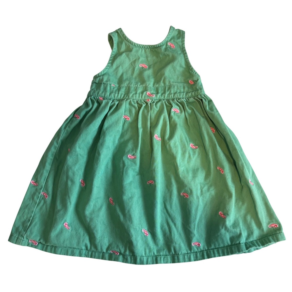 L.L.Bean Toddler Girls Green Seahorse Embroidered Cotton Twill Dress 2T